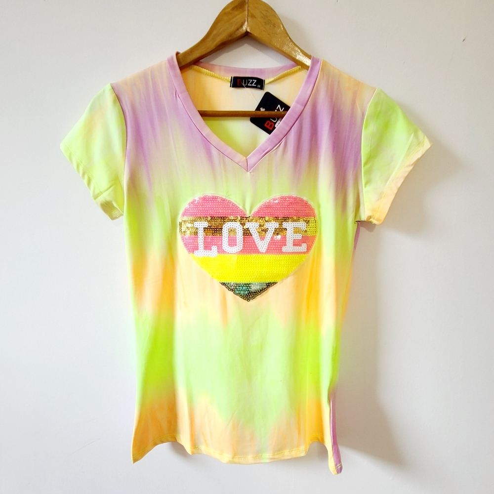 Buzz, LOVE logo multicolor neon t-shirt. Size M